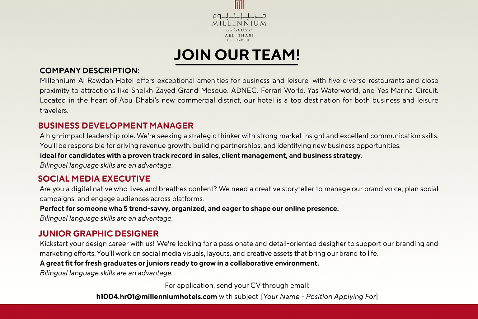 Abu Dhabi hotel jobs 2025 Join Millennium Al Rawdah Hotel Abu Dhabi! We’re hiring Business Development Manager, Social Media Executive & Junior Graphic Designer. Apply today.