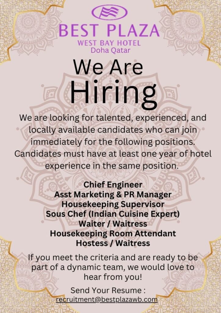 Best Plaza West Bay hotel jobs Doha