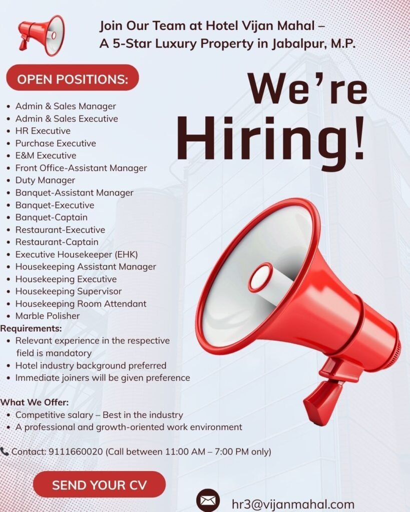 Hotel Vijan Mahal Jabalpur Jobs | 5-Star Hotel Careers 2025