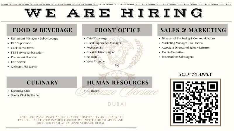 Palazzo Versace Dubai Is Hiring Talented Professionals Across Multiple Departments