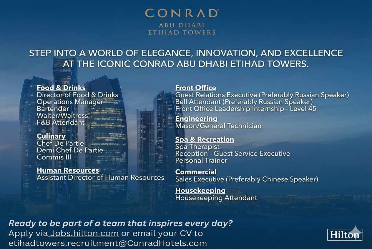 Hotel Jobs in Abu Dhabi 2026 – Conrad Abu Dhabi Etihad Towers Careers