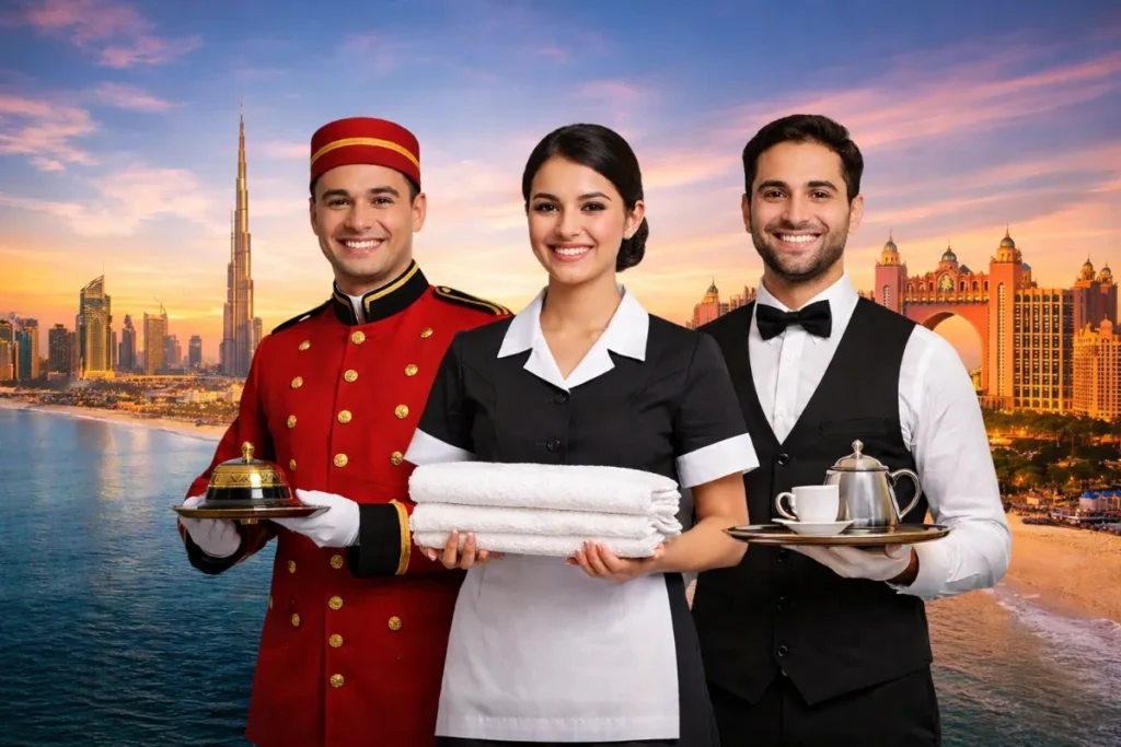 Hotel jobs in Dubai showing professional hotel staff working in luxury hospitality roles with Dubai skyline in the background