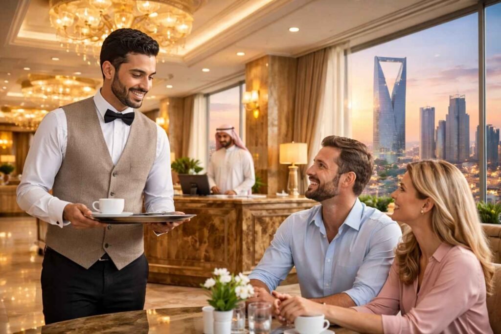 Hotel staff serving guests in a luxury hotel in Saudi Arabia 2026
